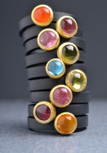 black rubber semi-precious stone: karneol, tourmaline, blue topaz, peridot, garnet, citrine 22K/24K gold, sterling silver